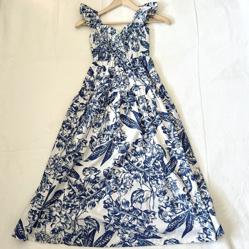 Abercrombie & Fitch Blue and White Floral Ruffle Sleeve Midi Dress, XXSP